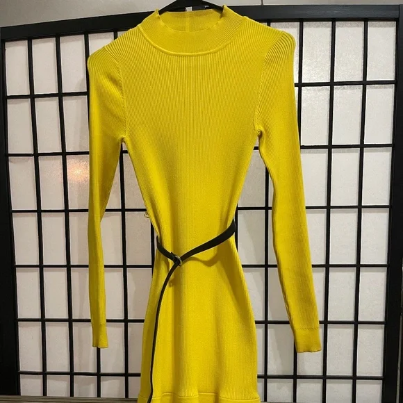 knee length dresses for ladies Reversible Rib Cutout Knit Dress(Lemon Yellow) M / Yellow main image 0